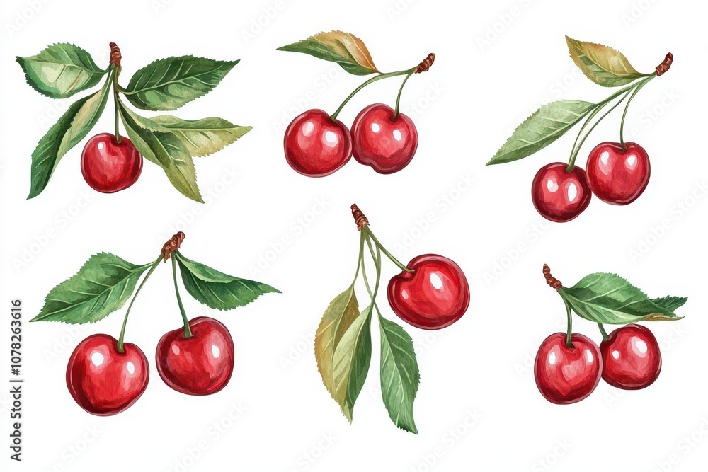 Cluster of ripe cherries with leaves on a white background Cluster of ripe cherries with leaves on a white background