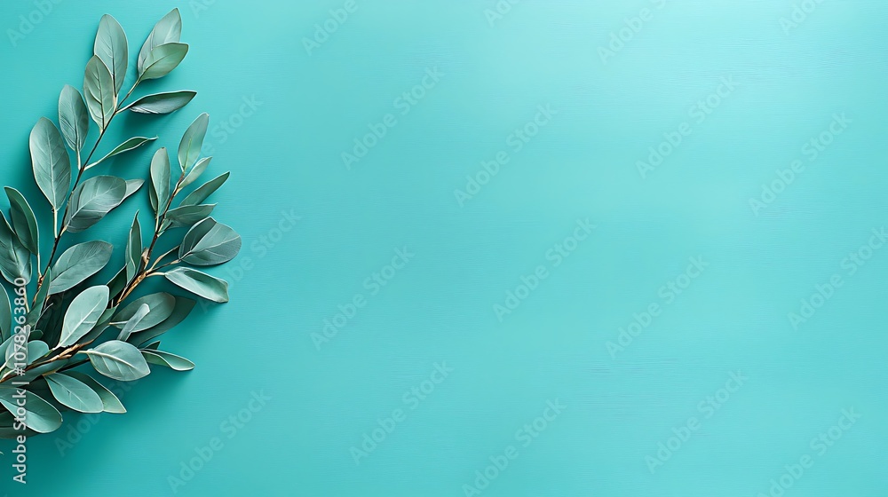 Explore the beauty of fresh green leaves against a vibrant teal background for modern design aesthetics Explore the beauty of fresh green leaves against a vibrant teal background for modern design aesthetics