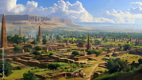Ancient Ethiopia (Aksumite Empire): A sweeping view of Aksum, with stone obelisks, stelae fields, palaces, and a hilly landscape dotted with trees.