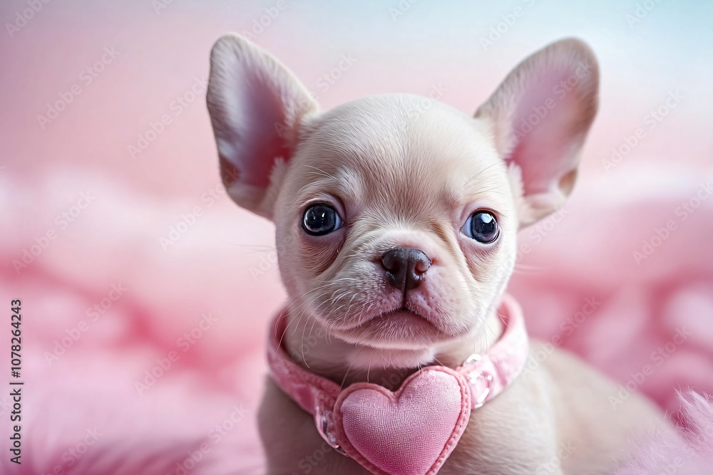 Adorable Light Beige French Bulldog Puppy with Heart-Shaped Collar Posing Against Soft Pink Background, Perfect for Pet Lovers and Animal Photography