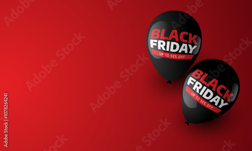 Two Black Balloons with black friday text on isolated red background. Suitable for Black friday sale banner.