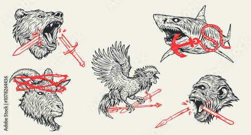 Hand drawn illustration animals with red elements isolated white background. Bear, rooster, shark, goat, monkey. Set silhouette character for tattoo, mascot. Vector art composition.