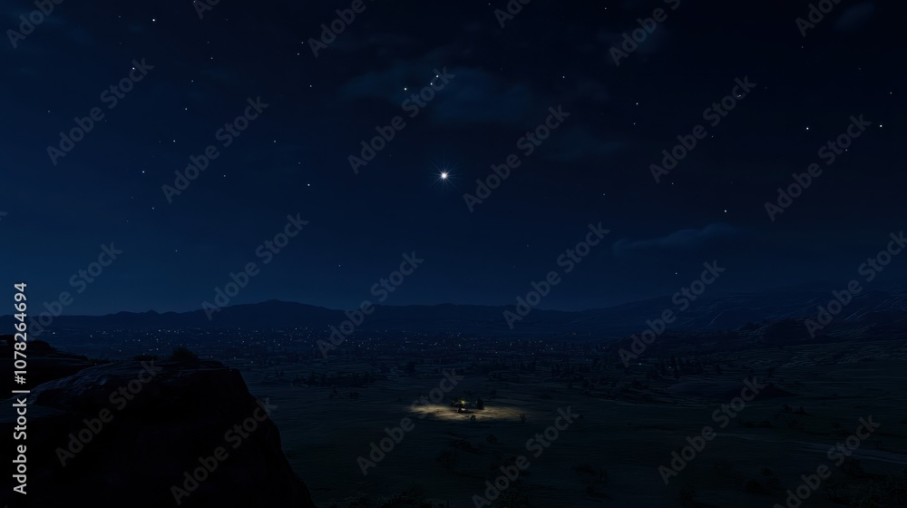 Fototapeta premium A lone house with a light on illuminates the dark landscape below a vast starry sky.