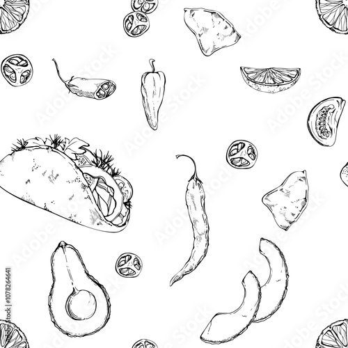 Street food filled tortilla pita gyros taco, sliced chili pepper lime, avocado nacho chips. Hand drawn ink vector isolated illustration. Seamless pattern for travel, restaurant bar menu, recipe book