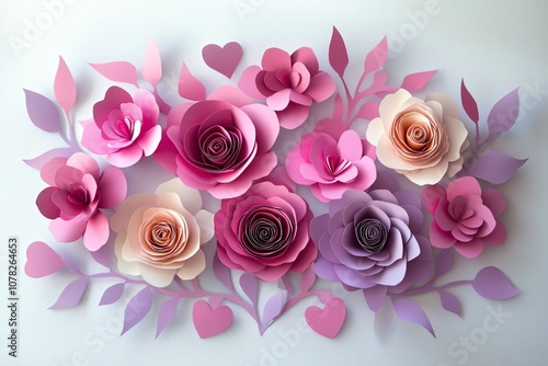 Vibrant Paper Flowers Arrangement in Pink and Purple with Delicate Leaves and Hearts, Perfect for Celebrations, Invitations, and Decorative Projects