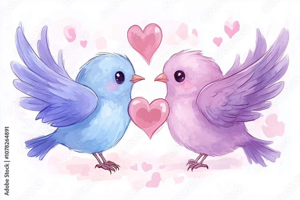 Charming Illustration of Two Colorful Cartoon Birds Surrounded by Hearts, Perfect for Valentine's Day, Friendship Themes, or Romantic Designs Charming Illustration of Two Colorful Cartoon Birds Surrounded by Hearts, Perfect for Valentine's Day, Friendship Themes, or Romantic Designs