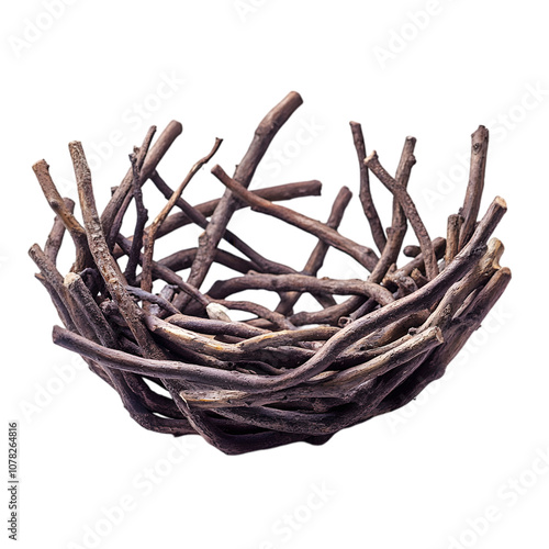 A bird's nest made of sticks isolated on transparent background, png.