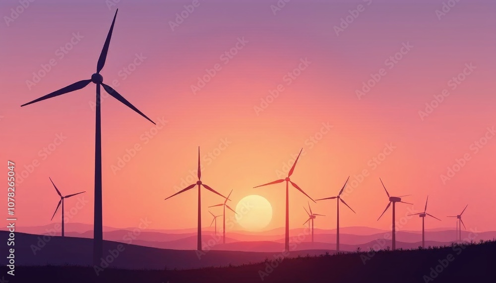 Stunning sunset over wind turbines on a hill with a colorful sky
Stunning sunset over wind turbines on a hill with a colorful sky