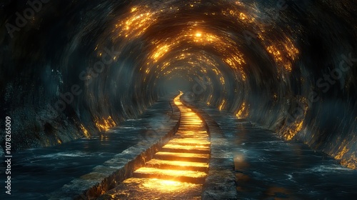 Fototapeta Naklejka Na Ścianę i Meble -  dark tunnel with glowing light illuminated 3d rendering 360 degree seamless panoramic view