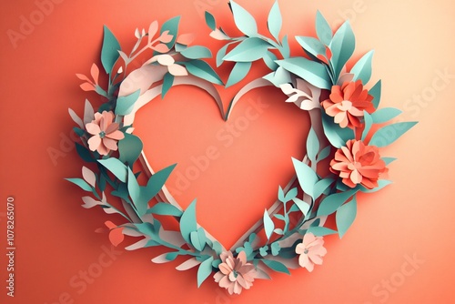 Beautiful paper cutout heart design with vibrant flowers and greenery on a pastel background, perfect for expressing love and affection in any creative project.