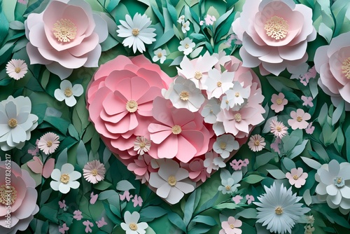 Beautiful Paper Craft Floral Heart Design Featuring Delicate Pastel Flowers and Lush Greenery, Perfect for Romantic and Artistic Backgrounds and Decorations
