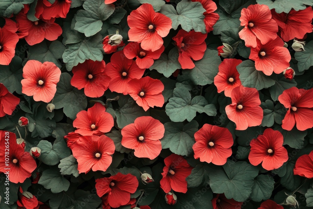 Hollyhocks in a garden Red flowers as backdrop Hollyhocks in a garden Red flowers as backdrop