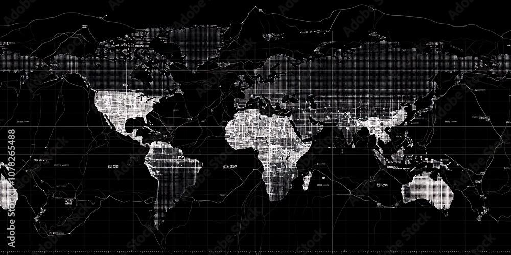 Fototapeta premium Monochrome background with world map and stock market data overlays.