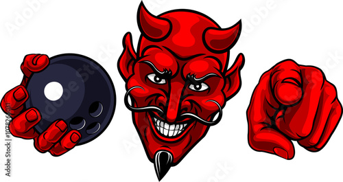 A devil man holding bowling ball and pointing sports team mascot illustration.