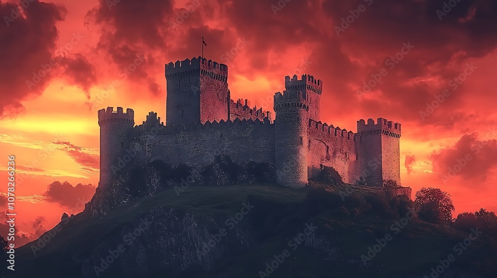 Obraz premium Medieval castle on a hilltop with a red sky and dramatic lighting for a fantasy backdrop