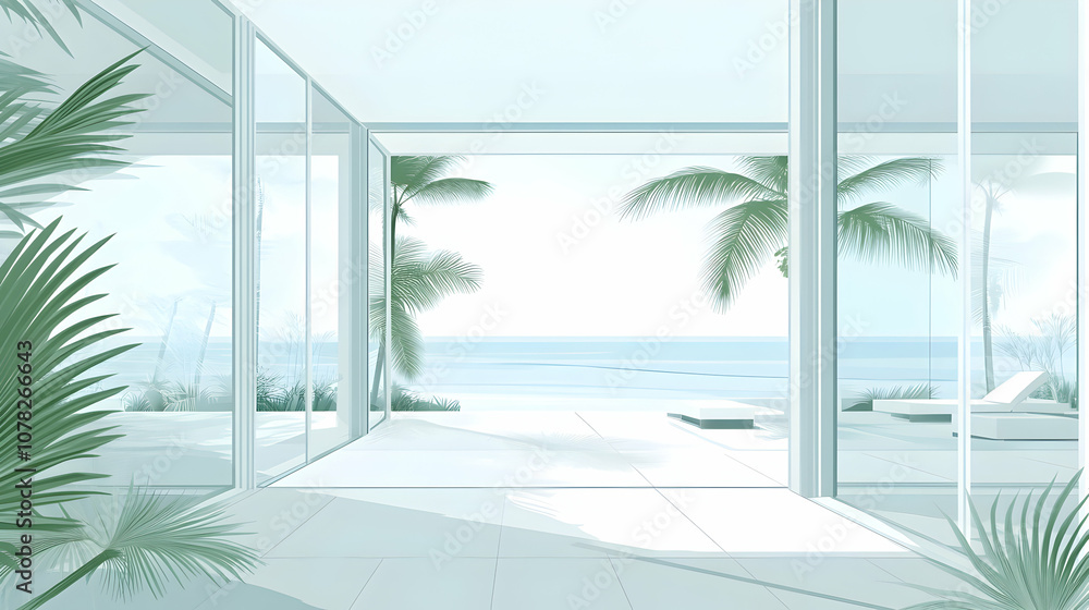 Modern open plan house with glass doors leading to tropical patio. Modern open plan house with glass doors leading to tropical patio.