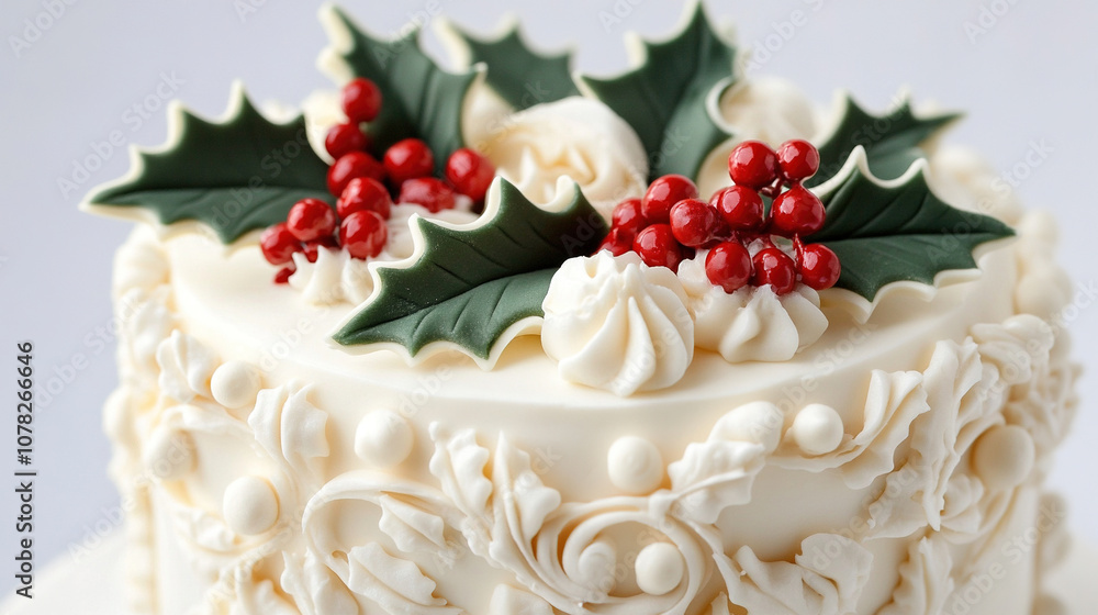 A Christmas cake with white frosting and red berries Christmas ornament white background. Food photography, cake decoration ideas. A Christmas cake with white frosting and red berries Christmas ornament white background. Food photography, cake decoration ideas.