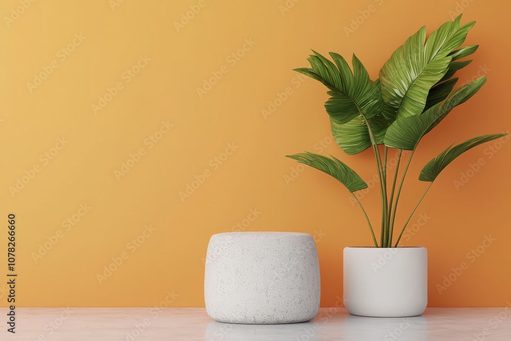 Minimalist Room with Plant and White Stool.