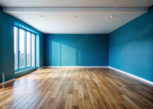 Wallpaper Mural Minimalist Large Empty Room with Blue Wall and Wooden Floor, Emphasizing Clean Lines and Spaciousness for Tranquil Interior Spaces Torontodigital.ca