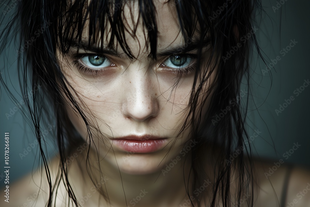 Close-up portrait of a young beautiful goth female model with black hair looking at the camera. very angry. Horror movie style. Dark and atmospheric. Goth style. Close-up portrait of a young beautiful goth female model with black hair looking at the camera. very angry. Horror movie style. Dark and atmospheric. Goth style.