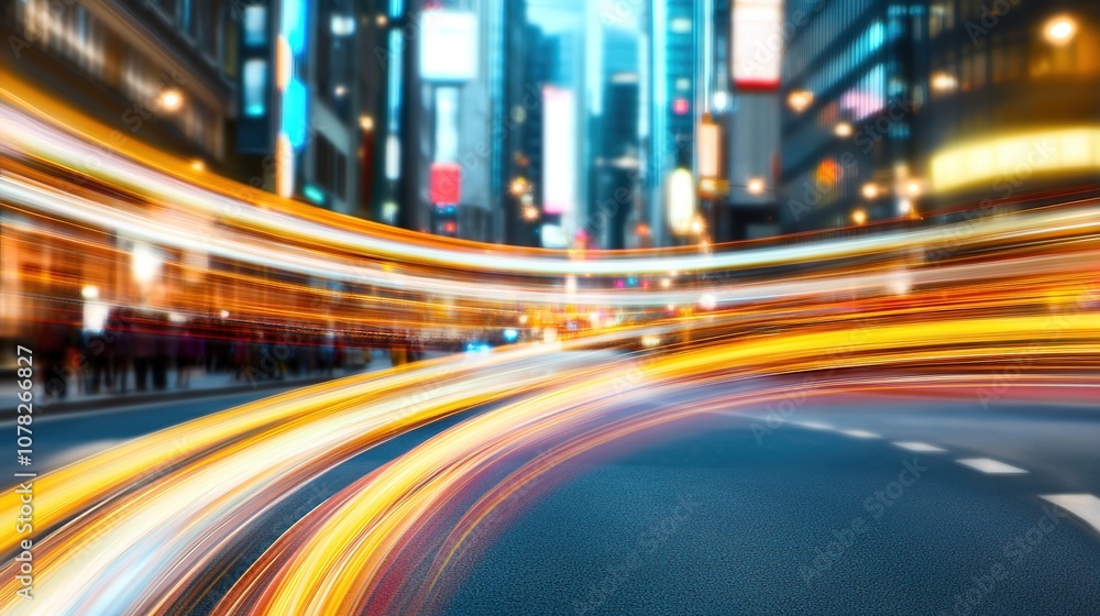 Vibrant Night Scene of City Traffic with Colorful Light Trails and Urban Skyscrapers Reflecting in the Night Sky as Vehicles Move Through a Busy Street Vibrant Night Scene of City Traffic with Colorful Light Trails and Urban Skyscrapers Reflecting in the Night Sky as Vehicles Move Through a Busy Street