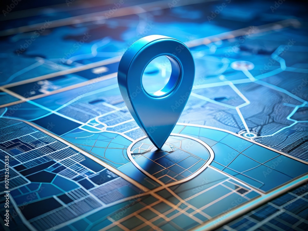 Fototapeta premium Minimalistic Location Pin Over a Blue Map Graphic Representing Navigation, GPS Features, Digital Mapping, and Modern Technology for Enhanced User Experience