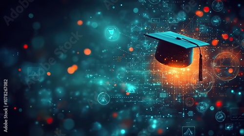 digital illustration of an online education platform with icons representing educational elements like graduation caps computer screens and data visualizations on a blurred background