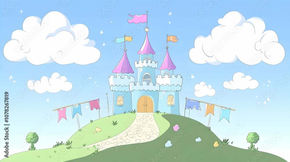Cartoon illustration of a blue castle with pink towers and flags on a green hill. Cartoon illustration of a blue castle with pink towers and flags on a green hill.