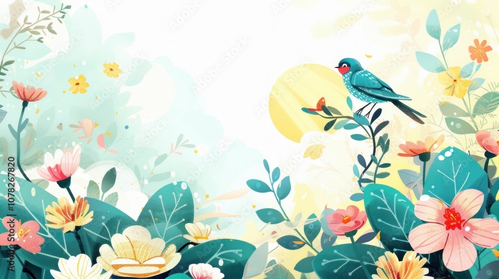 Obraz premium Colorful illustration of a bird perched on a branch among vibrant flowers and lush greenery, set against a soft, dreamy background with warm pastel hues and sunlight