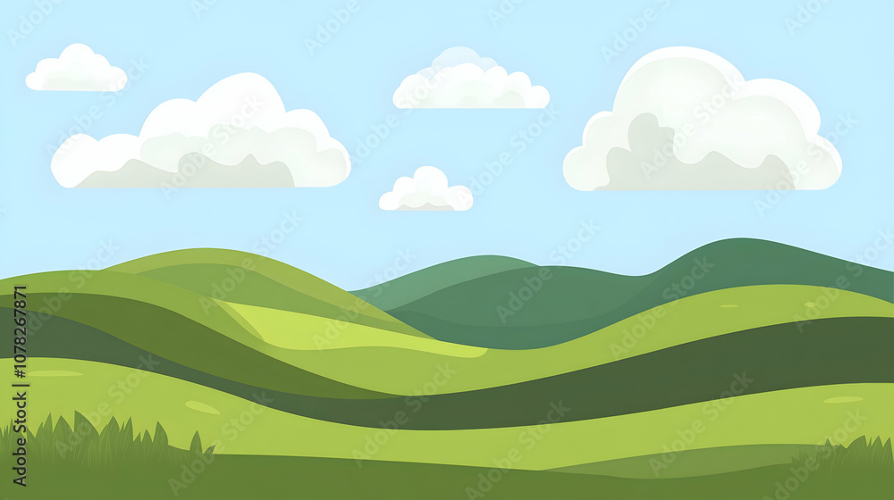 Cartoon landscape with rolling green hills under a blue sky with white clouds. Cartoon landscape with rolling green hills under a blue sky with white clouds.