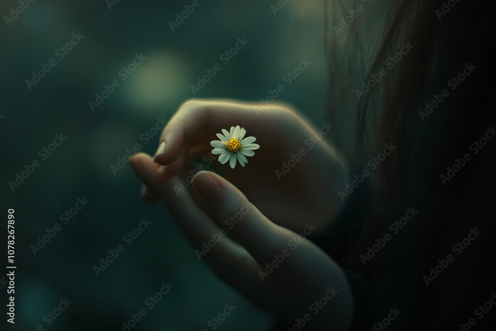 Delicate Hands Holding a Single Flower in Soft Light, Symbolizing Beauty, Nature, and Fragility, Capturing an Intimate Connection with the Environment Delicate Hands Holding a Single Flower in Soft Light, Symbolizing Beauty, Nature, and Fragility, Capturing an Intimate Connection with the Environment