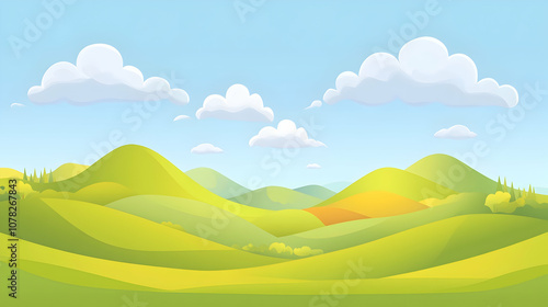 Cartoon landscape with rolling green hills and a blue sky with white clouds.