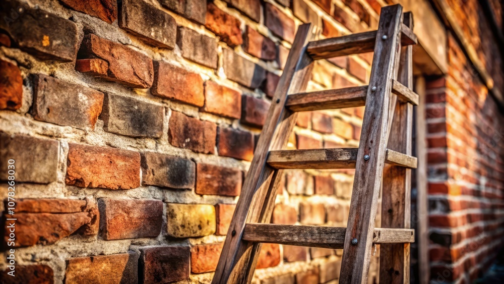 Panoramic View of a Wooden Ladder Leaning Against a Rustic Brick Wall, Capturing the Textures and Colors of Natural Materials in a Charming Urban Setting Panoramic View of a Wooden Ladder Leaning Against a Rustic Brick Wall, Capturing the Textures and Colors of Natural Materials in a Charming Urban Setting