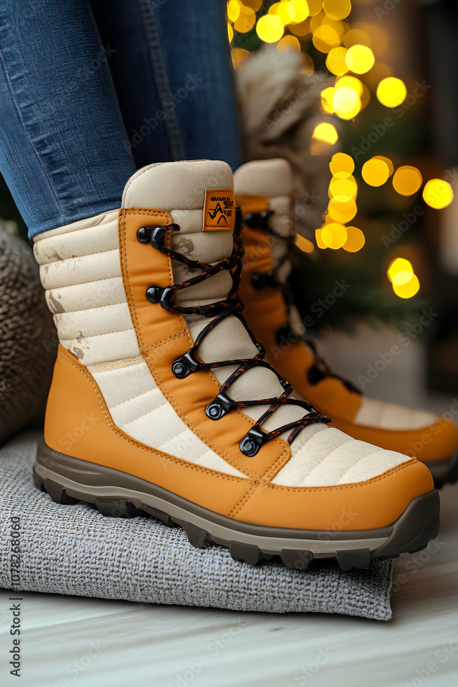 Close-up of a pair of beige and brown winter boots with black laces. Close-up of a pair of beige and brown winter boots with black laces.