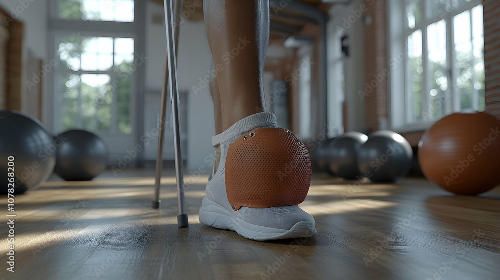 Naklejka premium Close-up of a woman's foot wearing a prosthetic device in a gym, walking on a wooden floor.