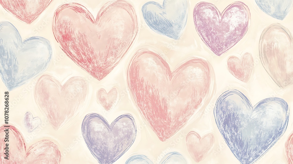 Fototapeta premium Seamless pattern of delicate hearts in soft pastel colors for romantic designs.