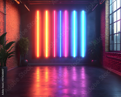 Colorful neon lights illuminate a modern, industrial loft space.