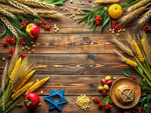 Rustic Sukkot Celebration Background with Wooden Surface and Wheat Decoration Captured by Drone Photography for Festive and Cultural Imagery photo