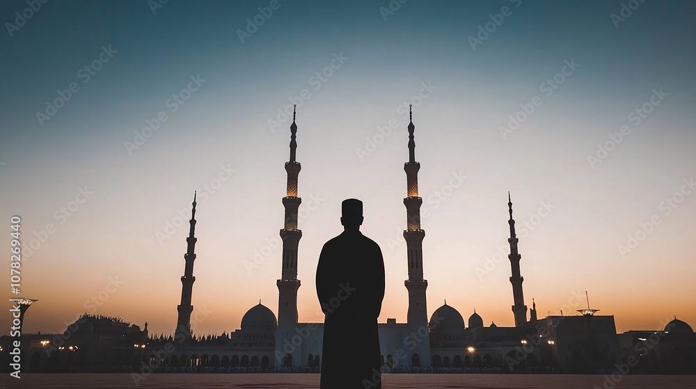 Fototapeta premium A man in traditional clothing stands silhouetted against the backdrop of a mosque at sunset.
