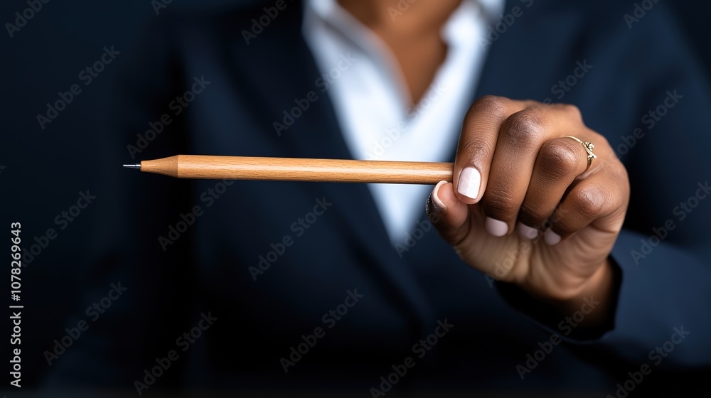 Professional Businesswoman Holding a Wooden Pen in a Formal Attire with Black Background Emphasizing Concentration and Creativity in a Modern Office Setting Professional Businesswoman Holding a Wooden Pen in a Formal Attire with Black Background Emphasizing Concentration and Creativity in a Modern Office Setting