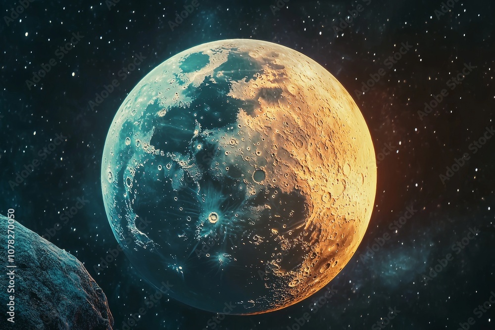 Fototapeta premium Colorful lunar surface with craters against a backdrop of distant stars, showcasing vibrant orange and blue hues.