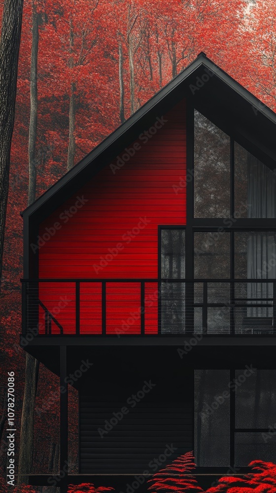 Fototapeta premium Contemporary red cabin surrounded by vibrant autumn foliage, showcasing unique architecture and serene natural setting in the woods.