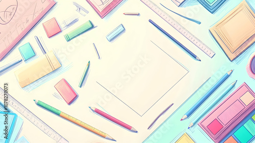 Flat lay of various art supplies on a white surface, including pencils, erasers, rulers, and a blank sheet of paper.