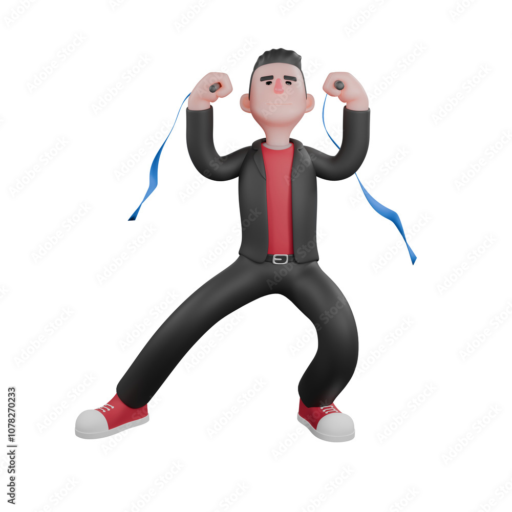 Cartoon Dance Performer Character. a male choreographer stands with both hands raised while holding a wand with a blue rope with an expression full of power. 3D Choreographer Cartoon Dance Performer Character. a male choreographer stands with both hands raised while holding a wand with a blue rope with an expression full of power. 3D Choreographer