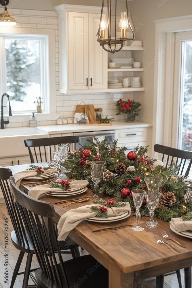 Festive kitchen table decorated for the holidays with greenery, pinecones, and red accents in a cozy, modern setting. Festive kitchen table decorated for the holidays with greenery, pinecones, and red accents in a cozy, modern setting.