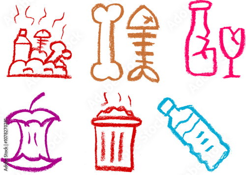Trash Icons Crayon Chalk Drawing Vector Set