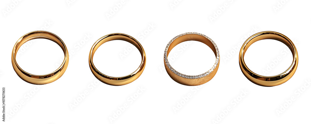Four Gold Rings Set Isolated on a Transparent Background, Gold Band Rings, Wedding Rings with Diamond, Shiny and Smooth Rings Four Gold Rings Set Isolated on a Transparent Background, Gold Band Rings, Wedding Rings with Diamond, Shiny and Smooth Rings
