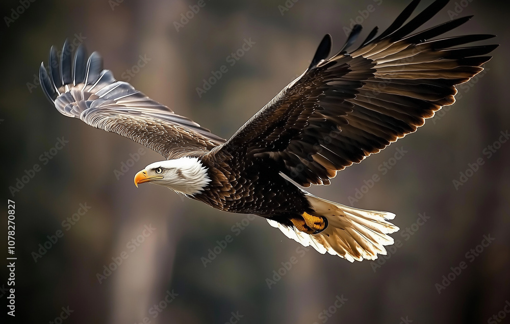 Fototapeta premium Aquila dalla testa calva in volo con sullo sfondo sfocata la bandiera americana. Patriottismo. Stati Uniti d'America. USA.