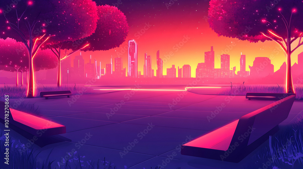 Futuristic city skyline with neon lights at dusk, with benches and glowing trees. Futuristic city skyline with neon lights at dusk, with benches and glowing trees.
