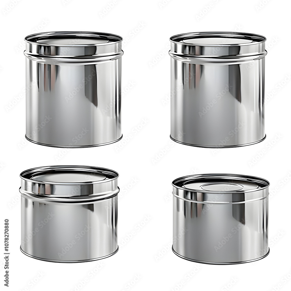 Four Shiny Metal Cans with Lids Isolated on a Transparent Background